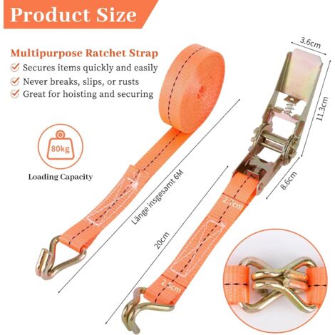 4 Pièces Sangle à Cliquet avec Crochets,Longueur 6 m,Largueur 25 mm,Sangle d'Arrimage à Cliquet,Sangles de Serrage,Supportant Une Charge Maximale Totale de 1000 kg