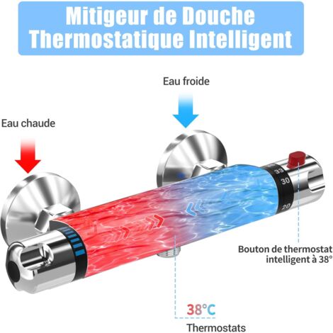Mitigeur de Douche Thermostatique à Fixation Murale Anti-brûlure, Raccord G 1/2", Robinet de douche en Laiton Avec Bouton,Température Constante Intelligente, Chromé