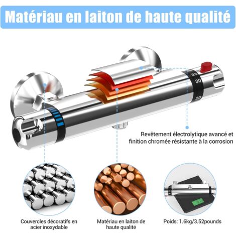 Mitigeur de Douche Thermostatique à Fixation Murale Anti-brûlure, Raccord G 1/2", Robinet de douche en Laiton Avec Bouton,Température Constante Intelligente, Chromé