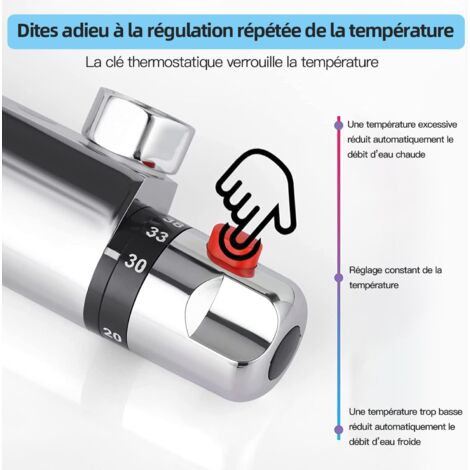 Mitigeur de Douche Thermostatique à Fixation Murale Anti-brûlure, Raccord G 1/2", Robinet de douche en Laiton Avec Bouton,Température Constante Intelligente, Chromé