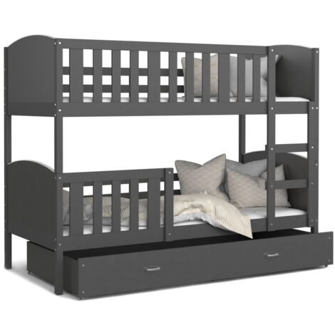 Lit superposé Tedy 90X190 cm - 2 Matelas , 2 Sommiers et Tiroir inclus Gris (1/3)
