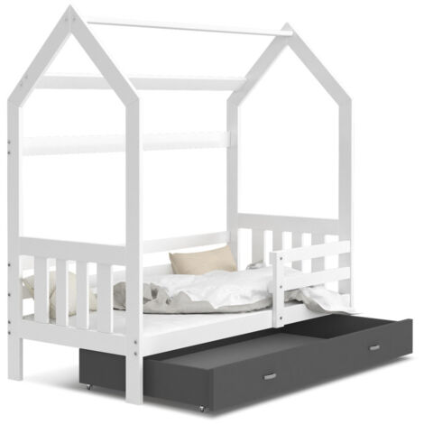 Lit cabane Plus 80 x160 cm avec sommier , matelas et tiroir Blanc - Gris foncé (1/3)