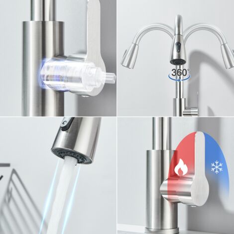 Rubinetto da Cucina con doccetta estraibile Rubinetto per lavello con rotazione a 360° in Acciaio Inox Nichel Spazzolato