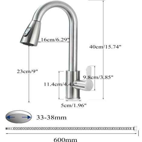 Rubinetto da Cucina con doccetta estraibile Rubinetto per lavello con rotazione a 360° in Acciaio Inox Nichel Spazzolato