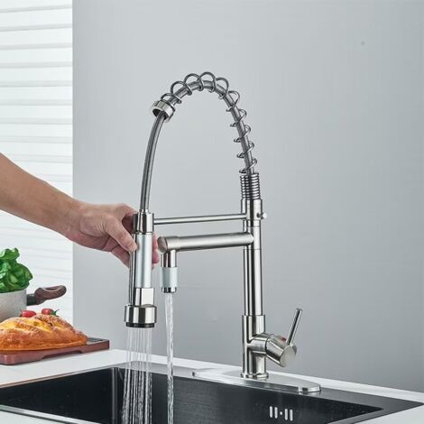 Onyzpily Rubinetto da cucina a molla, girevole a 360° con testa spruzzo estraibile, materiale rame, doppia modalità(Nichel spazzolato)