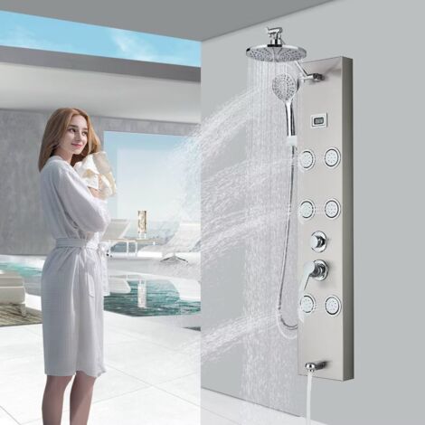 Pannello doccia in acciaio inox con rubinetto, 4 modalità di uscita dell'acqua, pannello doccia completo con indicatore di temperatura LCD, sistema doccia massaggio,Nichel spazzolato