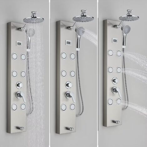 Pannello doccia in acciaio inox con rubinetto, 4 modalità di uscita dell'acqua, pannello doccia completo con indicatore di temperatura LCD, sistema doccia massaggio,Nichel spazzolato