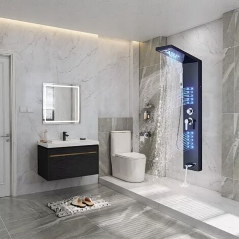 LED Colonna Doccia Idromassaggio,Onyzpily Acciaio Inox Pannello Doccia Idromassaggio con Soffione Fisso,Massaggi,Doccetta e Bocca Vasca(Nera)