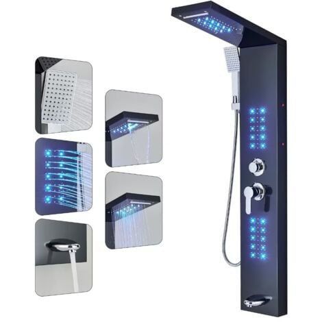 LED Colonna Doccia Idromassaggio,Onyzpily Acciaio Inox Pannello Doccia Idromassaggio con Soffione Fisso,Massaggi,Doccetta e Bocca Vasca(Nera)