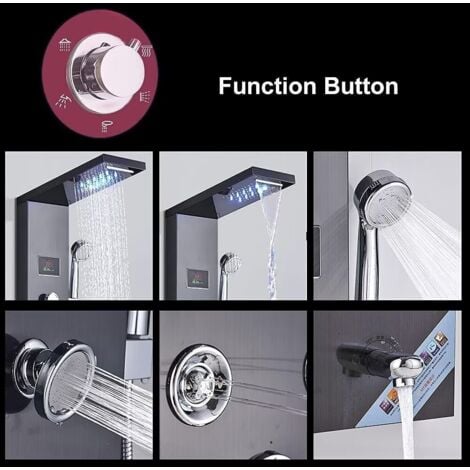 LED Colonna Doccia Idromassaggio in 304 Acciaio Inox Pannello Doccia Set con Miscelatore da Massaggi, Soffione Fisso, Doccetta e Bocca Vasca 5 Funzioni per Bagno Nera
