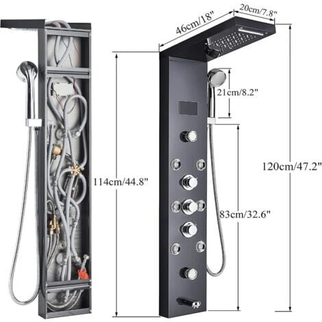 LED Colonna Doccia Idromassaggio in 304 Acciaio Inox Pannello Doccia Set con Miscelatore da Massaggi, Soffione Fisso, Doccetta e Bocca Vasca 5 Funzioni per Bagno Nera