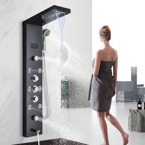 LED Colonna Doccia Idromassaggio in 304 Acciaio Inox Pannello Doccia Set con Miscelatore da Massaggi, Soffione Fisso, Doccetta e Bocca Vasca 5 Funzioni per Bagno Nera