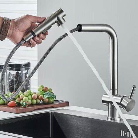 Rubinetto Cucina con Doccetta Estraibile, Miscelatore Cucina Girevole a 360°, Rubinetti Cucina con 2 tipi di Getto, Rubinetto Lavello in Acciaio inox Spazzolato, Fontana Lavello Cucina