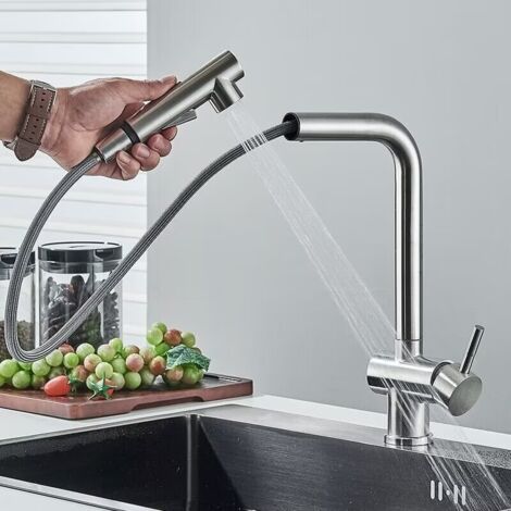 Rubinetto Cucina con Doccetta Estraibile, Miscelatore Cucina Girevole a 360°, Rubinetti Cucina con 2 tipi di Getto, Rubinetto Lavello in Acciaio inox Spazzolato, Fontana Lavello Cucina