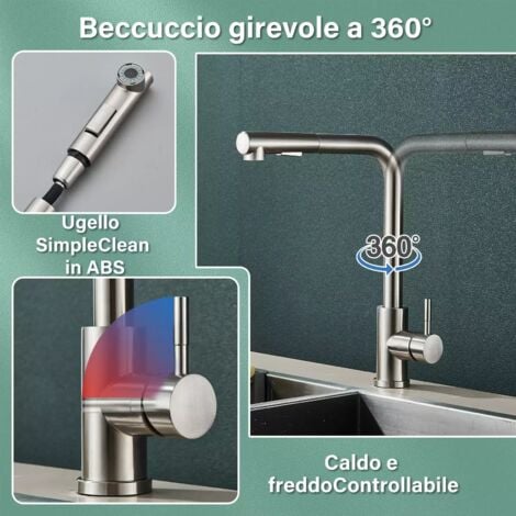 Rubinetto Lavello Cucina Nichel Spazzolato, Miscelatore con Doccetta Estraibile, Acqua Calda e Fredda a 2 Modalità, con Beccuccio Girevole a 360 °, Acciaio Inox 304