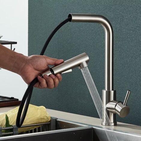 Rubinetto Lavello Cucina Nichel Spazzolato, Miscelatore con Doccetta Estraibile, Acqua Calda e Fredda a 2 Modalità, con Beccuccio Girevole a 360 °, Acciaio Inox 304