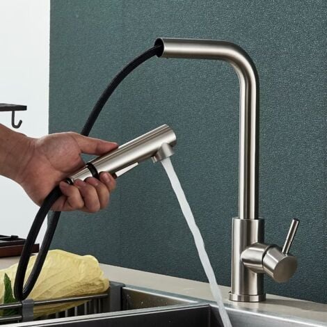 Rubinetto Lavello Cucina Nichel Spazzolato, Miscelatore con Doccetta Estraibile, Acqua Calda e Fredda a 2 Modalità, con Beccuccio Girevole a 360 °, Acciaio Inox 304