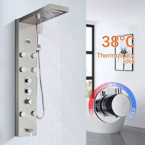 Colonna Doccia con Miscelatore Termostatica , Nichel Spazzolato Multifunzione Pannello Doccia Idromassaggio 304 Acciaio Inox con Cascata di Pioggia Cascata di Acqua Soffione Fisso