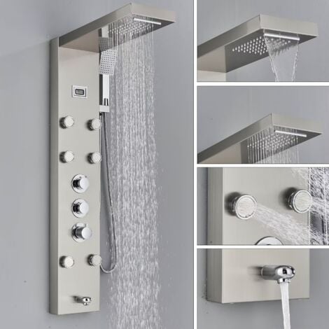 Colonna Doccia con Miscelatore Termostatica , Nichel Spazzolato Multifunzione Pannello Doccia Idromassaggio 304 Acciaio Inox con Cascata di Pioggia Cascata di Acqua Soffione Fisso
