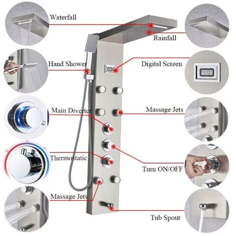 Colonna Doccia con Miscelatore Termostatica , Nichel Spazzolato Multifunzione Pannello Doccia Idromassaggio 304 Acciaio Inox con Cascata di Pioggia Cascata di Acqua Soffione Fisso