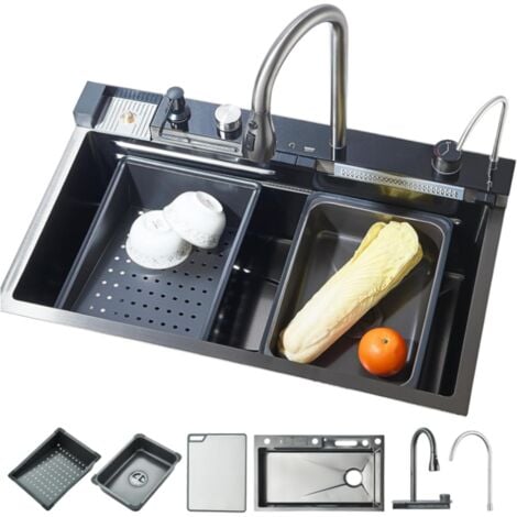 Lavello da Cucina Lavello cucina multifunzione Lavello a cascata Lavello da incasso con rubinetto digitale multifunzionale e vari accessori grigio canna di fucile