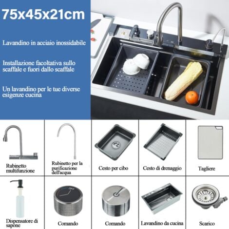 Lavello da Cucina Lavello cucina multifunzione Lavello a cascata Lavello da incasso con rubinetto digitale multifunzionale e vari accessori grigio canna di fucile