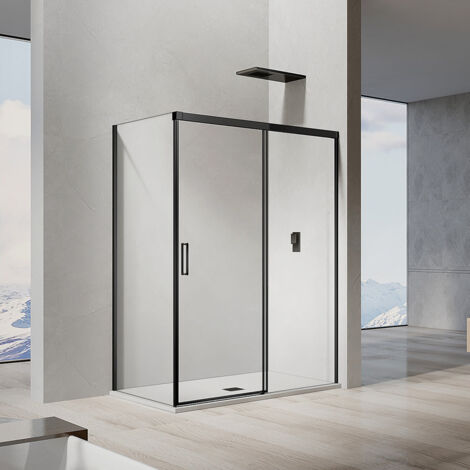 GRAND VERRE Cabine de douche avec porte coulissante 150x195 et paroi latérale profilés en noir mat 70x195 (1/5)