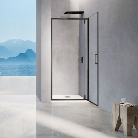 GRAND VERRE Porte de douche pivotante avec profilés en noir mat ouverture 180° pour installation en niche 100x195