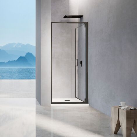 GRAND VERRE Porte de douche pivotante avec profilés en noir mat ouverture 180° pour installation en niche 100x195