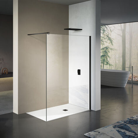 Grand Verre – Paroi de douche à l'italienne 50x200 cm – Verre trempé 8mm anti-calcaire – Profilé noir mat en aluminium – Barre de fixation incluse