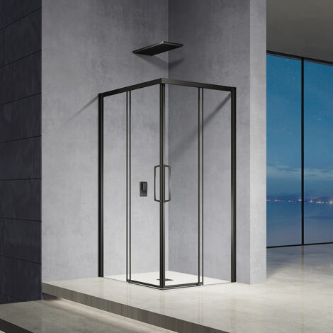 Grand Verre – Cabine de douche 80x80cm – Hauteur 185cm – Verre sécurit 6mm – Portes coulissantes ajustables – Profilés en aluminium noir mat (1/5)