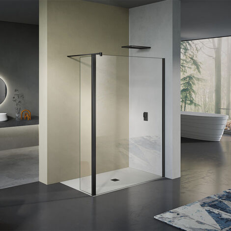 GRAND VERRE Paroi de douche italienne avec retour pivotant 30cm et barre de fixation 90cm en alu noir mat 50x200 (1/4)