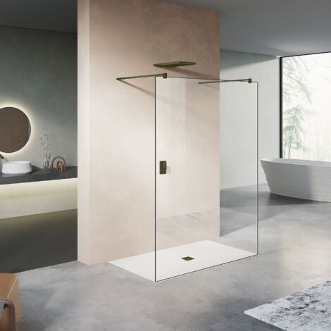 GRAND VERRE Paroi de douche fixe avec deux barres de fixation 140cm en aluminium bronze 90x200 (1/4)