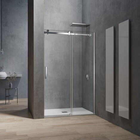 Grand Verre – Porte de douche coulissante 160x195 cm – Verre trempé 8 mm – Aluminium anodisé chromé – Système à roulettes pour étanchéité optimale (1/5)