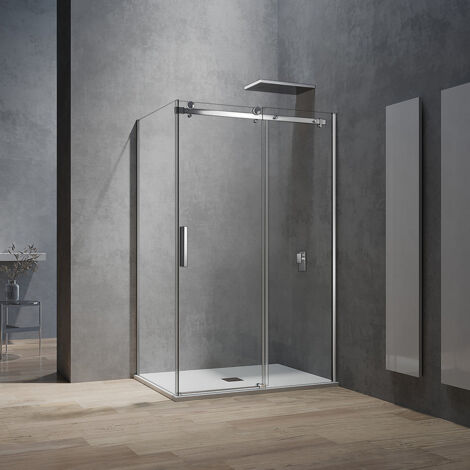 GRAND VERRE Cabine de douche style industriel avec porte coulissante 160x195 et paroi latérale 100x195 accessoires chromés (1/5)
