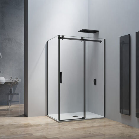 GRAND VERRE Cabine de douche style industriel avec porte coulissante 140x195 et paroi latérale 80x195 accessoires chromés (1/5)