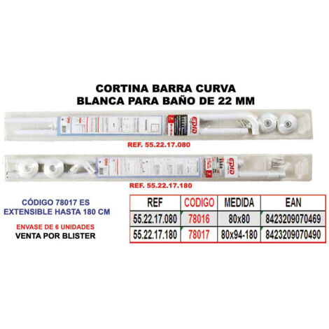 EPID Barra curva para cortina de baño Ø22mm 80x94cm extensible a 180cm fabricada en PVC color blanco