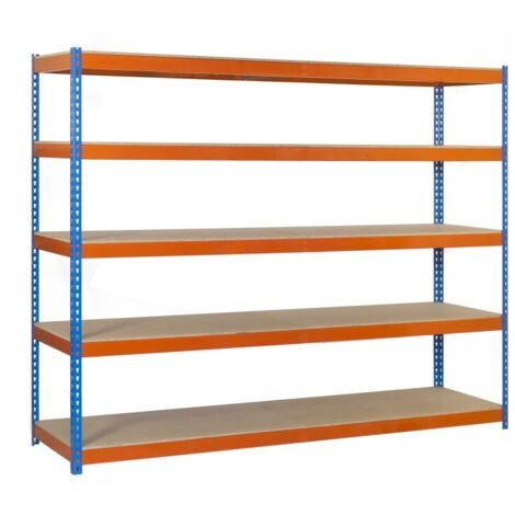 Estantería metálica sin tornillos SIMONRACK de 5 estantes (200x120x45cm) AZUL-NARANJA Y MADERA