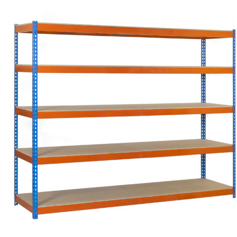 Estantería metálica sin tornillos SIMONRACK de 5 estantes (300x120x45cm) AZUL-NARANJA Y MADERA