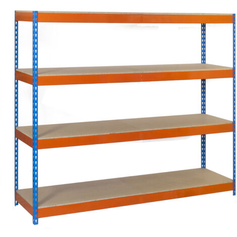 Estantería metálica sin tornillos SIMONRACK de 4 estantes (200x150x75cm) AZUL-NARANJA Y MADERA