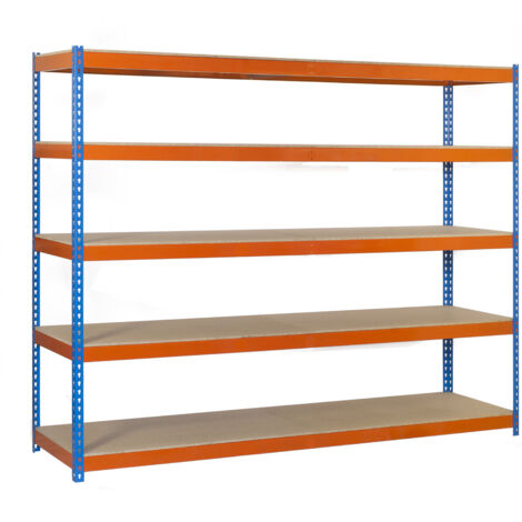 Estantería metálica sin tornillos SIMONRACK de 5 estantes (250x120x75cm) AZUL-NARANJA Y MADERA