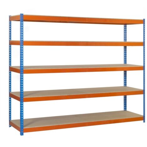 Estantería metálica sin tornillos SIMONRACK de 5 estantes (200x180x60cm) AZUL-NARANJA Y MADERA