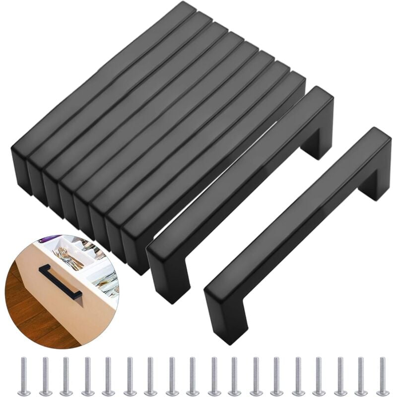 10 Pièces Poignee de Meuble Cuisine Noir 160 mm, Acier Inoxydable Poignées Moderne Carrée Meubles avec Vis, pour Bureaux, Tiroirs, Armoires, Placard