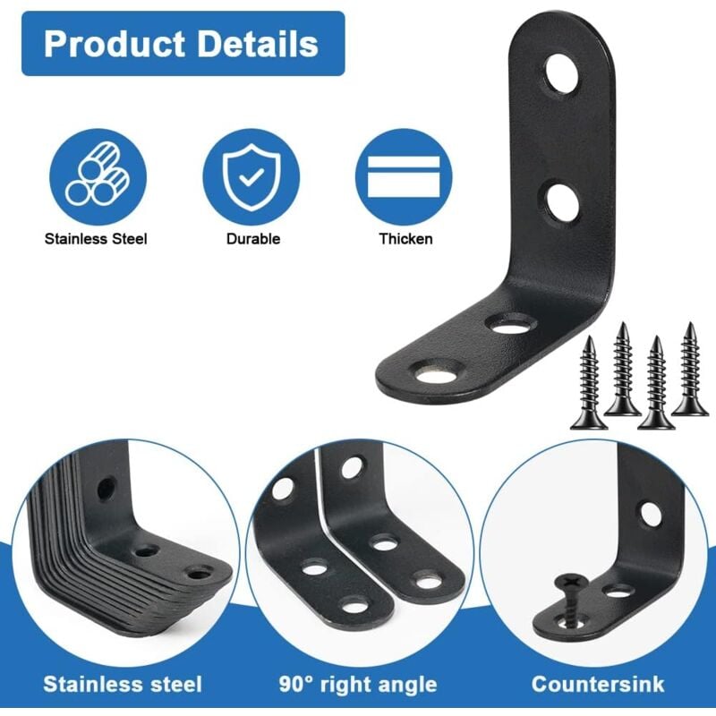 12 Pièces équerre de Fixation 40mmX40mm Equerre de Fixation Noir Angle Droit Support en forme de L 40mm équerre Angle 90 Degrés en Acier Inoxydable équerre étagère pour Bois Meubles Placard Support 3
