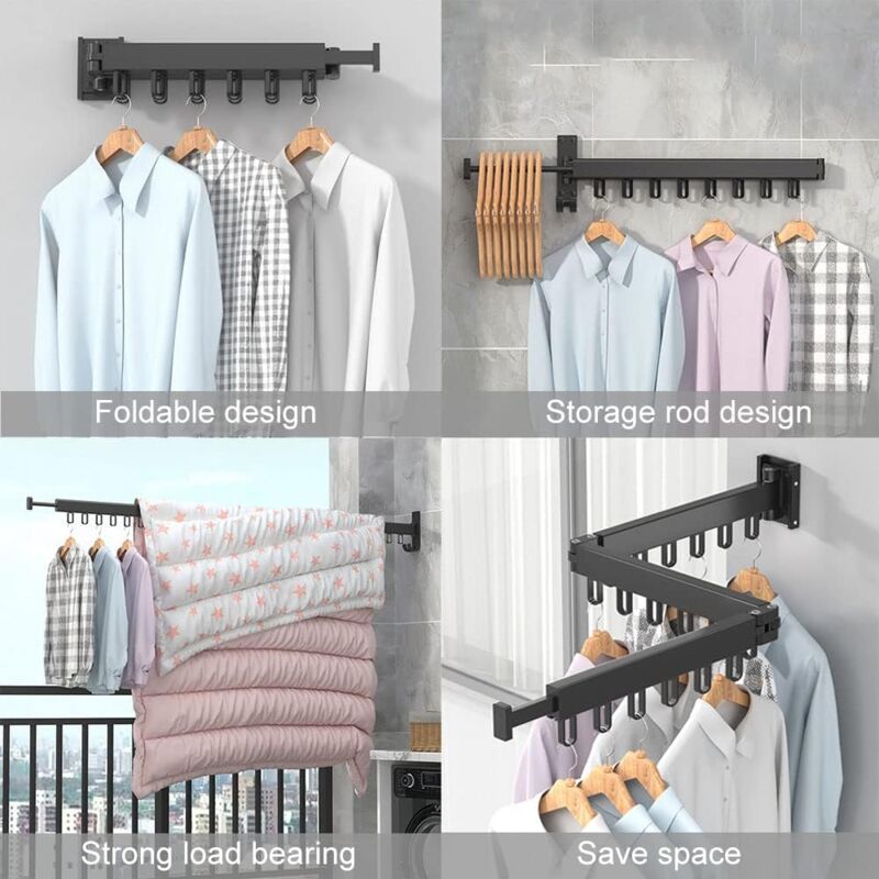 Lot De 2 Tringles à Vêtements Murales Pivotantes - Rotation 90°, Acier Carbone, 6 Trous - Pour Balcon, Buanderie, Salle De Bain - Avec Vis
