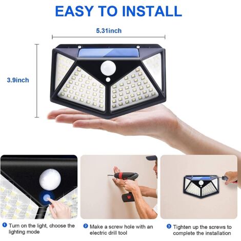 Lot de 2 Lampe Solaire Extérieur 100LED, avec détecteur de mouvement, Ip65 Extérieur étanche, avec 3 modes, pour jardin, clôture, terrasse, porte d'entrée, garage