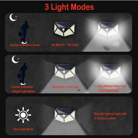Lot de 2 Lampe Solaire Extérieur 100LED, avec détecteur de mouvement, Ip65 Extérieur étanche, avec 3 modes, pour jardin, clôture, terrasse, porte d'entrée, garage