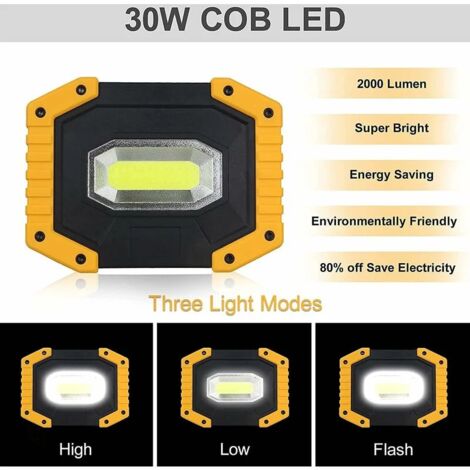 Lampe de travail LED rechargeable, 30 W, lampe de sécurité avec 3 modes, projecteur extérieur COB avec USB étanche pour cour, garage, pêche, randonnée