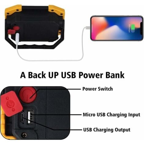 Lampe de travail LED rechargeable, 30 W, lampe de sécurité avec 3 modes, projecteur extérieur COB avec USB étanche pour cour, garage, pêche, randonnée