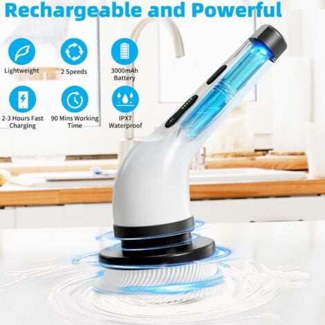 Brosse de Nettoyage lectrique sans Fil, Brosse de Nettoyage sans Fil avec 9 ttes de Brosse remplaables, vadrouille lectrique avec poigne rglable pour Salle de Bain, Cuisine, Voiture (Blanc)